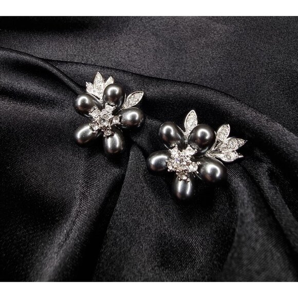 Vintage Nolan Miller Flower Clip-On Earrings W/ Rhinestones & Faux Black Pearls - Picture 1 of 5